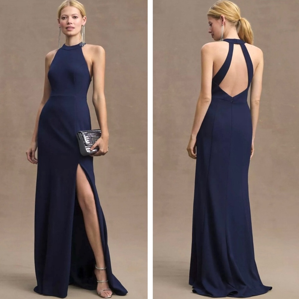 BHLDN Juliana High Neck Side Slit Stretch Crepe Maxi Dress NEW Size M Navy